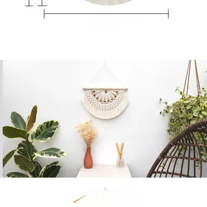 Detail of 40cm woven cotton macrame wall hanging with wooden beads and top rod