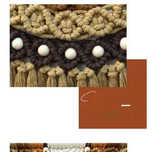 Macro detail of Bohemian woven wall hanging with white wooden beads and fringe textures