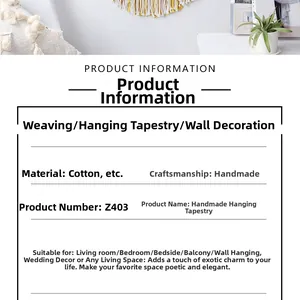 Detailed product information for handmade cotton woven tapestry in cream and yellow