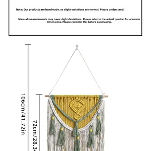 Detailed macro view showing a 106cm handmade macrame wall hanging with yellow and green tassels