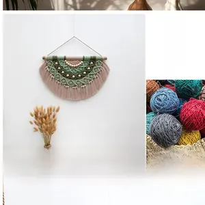 Detailed close-up of handmade Bohemian woven tapestry with green and pink cotton fringes