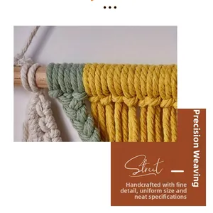 Detailed close-up of handmade woven macrame wall hanging with colorful cotton ropes