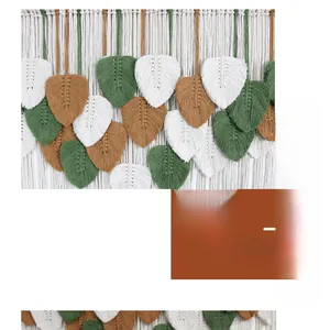 Detailed view of hand-woven bohemian leaf wall hanging with cotton cord and fringe