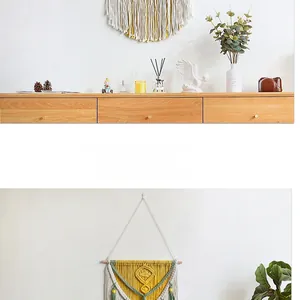 Macro shot of boho cotton rope tapestry featuring yellow geometric weaving and long tassels