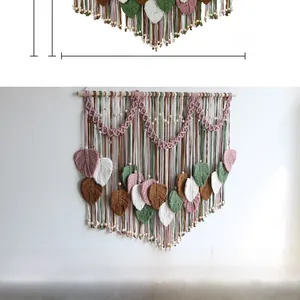 Detail view of large macrame leaf wall hanging with 100cm width and colorful cotton ropes