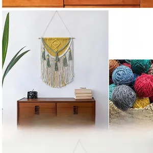 Detail of bohemian macrame wall hanging featuring intricate woven textures and long tassels