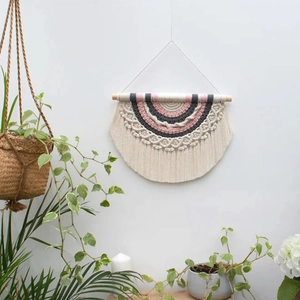 Bohemian rainbow woven wall hanging with cotton rope tassels and wooden dowel