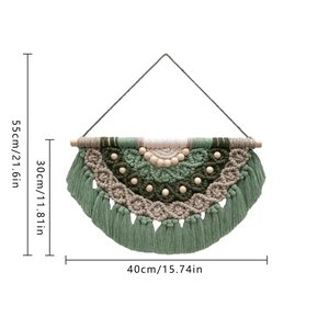 Bohemian handmade woven cotton macrame wall hanging with green tassels and wooden beads