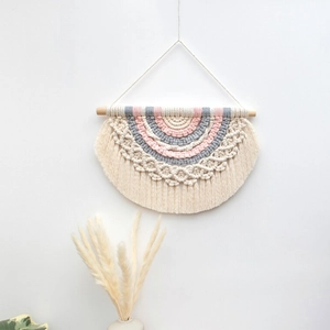 Handmade bohemian woven cotton wall hanging tapestry with rainbow patterns and fringe