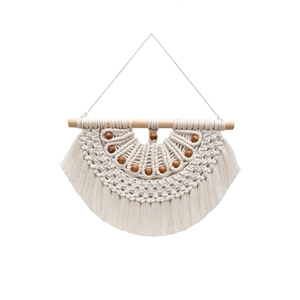 Bohemian macrame wall hanging with off-white cotton rope and wooden beads in fan shape
