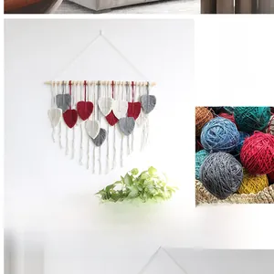 Detail of handmade macrame leaf tapestry in grey, white and red woven cotton rope