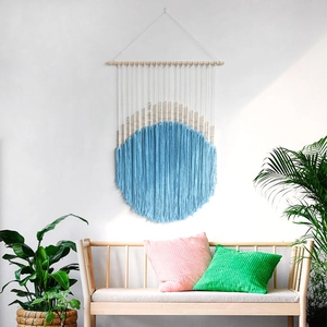 Bohemian Handmade Woven Tapestry Cotton Rope Round Tassels Wall Hanging With Wood Pole For Bedroom Living Room Decor