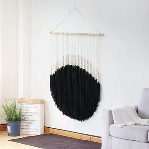 Bohemian handmade cotton rope woven wall tapestry with round pattern and black tassels