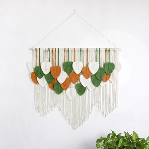 Bohemian Macrame Wall Hanging Cotton Hand Woven Leaf Tapestry With Wood Rod Nordic Tassel Wall Decor For Living Room Bedroom