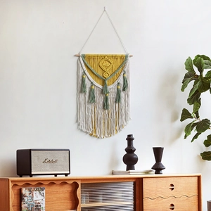 Handmade boho macrame wall hanging tapestry with multi-color cotton tassels and wooden rod