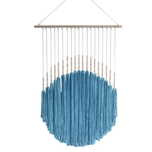 Bohemian handmade woven wall hanging tapestry with blue accents and wooden beads