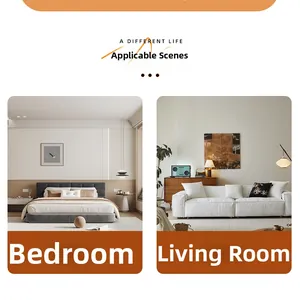 Scenarios showing minimalist long pendant light in bedroom and vintage wall lamp in living room