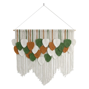 Handmade Macrame Leaf Wall Hanging Decor in Ivory, Green and Orange with Cotton Tassels