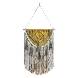 Handmade macrame wall hanging with mustard yellow and green cotton weave and tassels