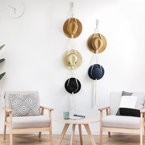Bohemian hand-woven cotton rope hat rack wall hanging display for multiple hats