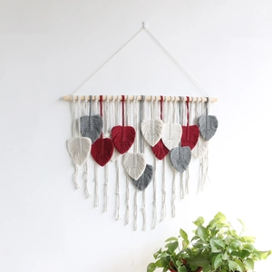 Handmade Macrame Wall Hanging Leaf Tassel Tapestry Bohemian Cotton Woven Wall Art Decor With Wooden Rod For Bedroom Home