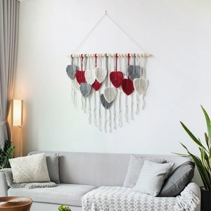 Bohemian hand-woven wall tapestry with colorful leaves and wooden pole home decor