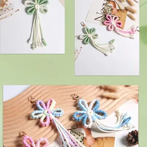 Close-up of handmade woven flower pendants with soft tassels and pearls for bags