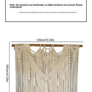 Detail of bohemian hand-woven tapestry showing cotton fringe and dimensions measurement