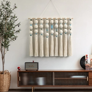 Bohemian Handmade Woven Tapestry Wall Hanging With Tassels And Spheres Cotton Rope Wood Pole Wall Art Decor For Home Hotel