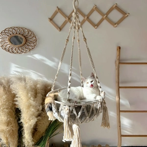 Bohemian Macrame Cat Hammock Bed Hand Woven Polyester Rope Hanging Swing Chair With Tassels For Small Pet Indoor Decor