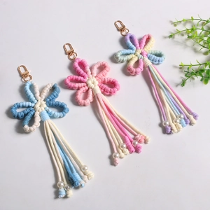 Handmade Woven Cotton Rope Flower Keychain With Tassel And Artificial Pearl Bohemian Bag Pendant Flower Keyring For Women Girls