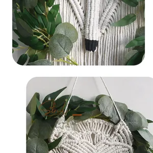 Detail of handcrafted macrame fox wall hanging with lifelike eucalyptus leaf accents