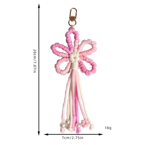 Handmade woven flower keychain with pink gradient, faux pearls and lobster clasp