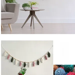 Detail of handmade Nordic wood beads and cotton tassels in pink, white and green colors