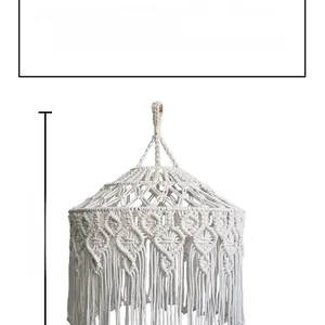 Detail of handmade bohemian cotton rope lampshade featuring woven fringe and 70cm height