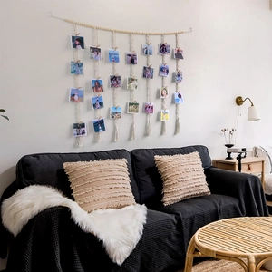 Bohemian woven macrame wall hanging photo display with wooden beads and clips for home decor