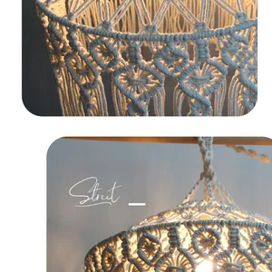 Detail of bohemian macrame lampshade showing intricate handmade cotton rope weaving