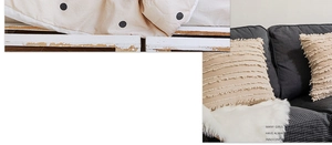 Detail of Nordic style beige tassel pillow with yellow polka dot textured fabric