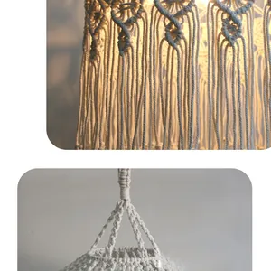 Detail of bohemian hand-woven cotton rope lampshade with macrame tassel and warm lighting