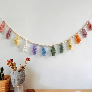 Bohemian Wood Bead Tassel Garland Wall Hanging Decor Nordic Style Cotton Tassel String For Living Room Bedroom Party Home Decoration