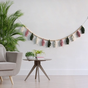 Nordic wooden bead garland with colorful tassels for minimalist home wall decor