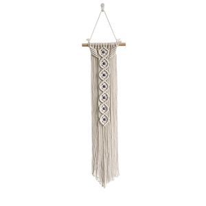 Bohemian macrame wall hanging with seven blue evil eye beads and handmade cotton tassels