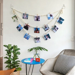 Bohemian Handmade Cotton Woven Tapestry Wall Hanging Photo Display Macrame Hanger With Wood Clips Nordic Room Decoration