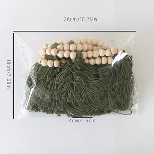 Nordic wooden bead garland with green tassels and product packaging dimensions
