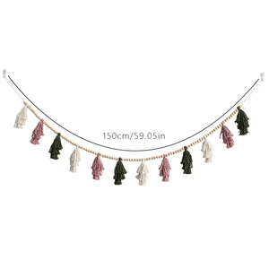 Nordic wood bead garland with colorful cotton tassels for minimalist home wall decor