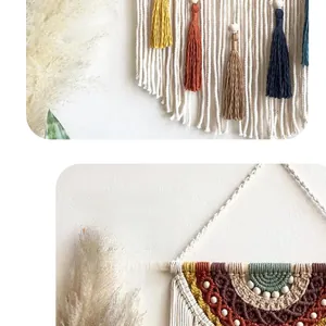 Macro detail of Nordic Macrame wall hanging with colorful cotton fringe and wooden beads