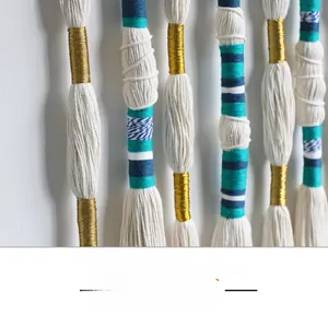 Close-up of Macrame wall hanging showing intricate blue and beige woven fiber details
