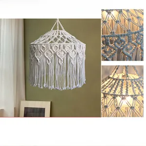 Close-up of bohemian cotton rope lampshade with intricate woven mesh and tassel fringes