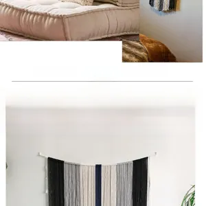 Détail de la décoration murale en macramé tissé bleu et crème avec des franges