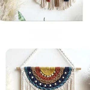 Detail of colorful hand-woven macrame wall hanging with wooden rod and decorative beads
